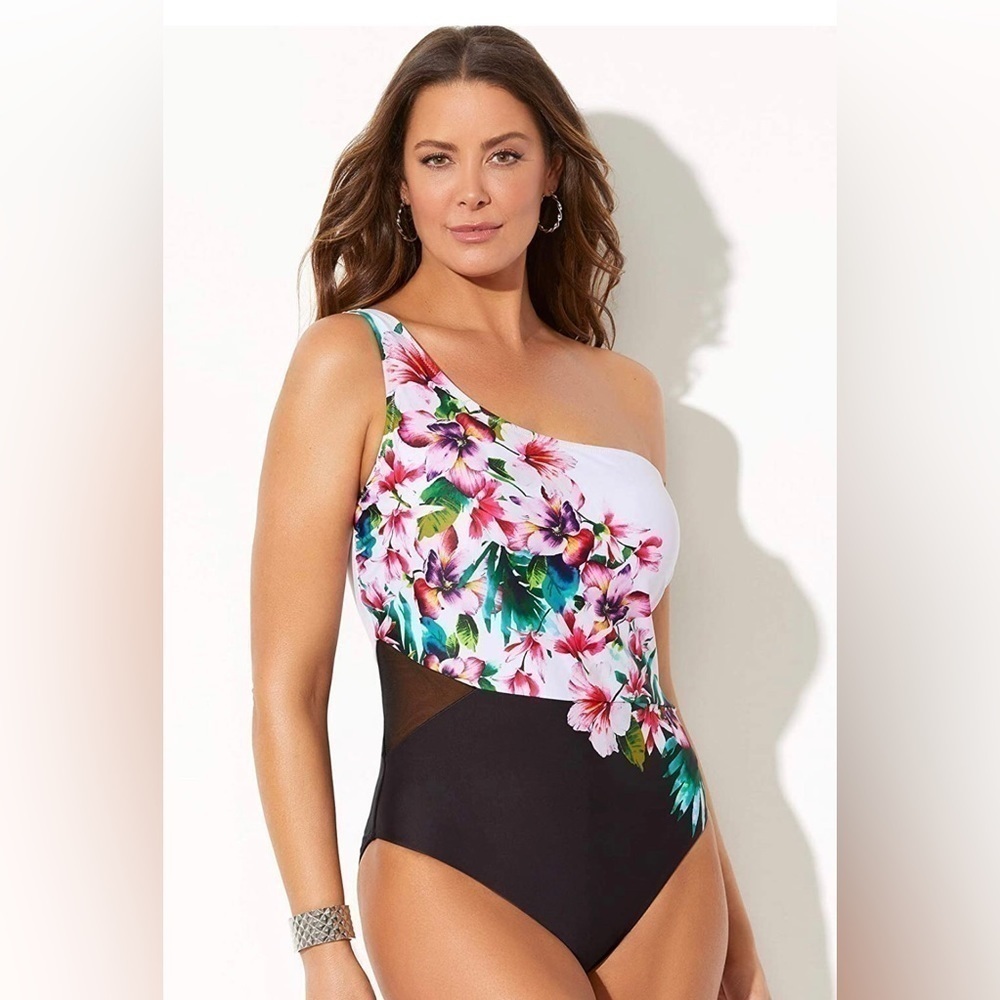 NEW - SWIMSUITS FOR ALL - Pink Floral One Shoulder One Piece Swimsuit - Size 26